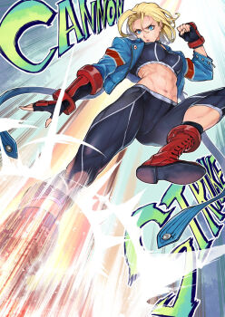 1girl abs blonde_hair blue_eyes boots cammy_white commentary cropped_jacket english_commentary fingerless_gloves gloves lace-up_boots midriff monochrome muscular muscular_female saeki_shun scar scar_on_face short_hair solo sports_bra street_fighter street_fighter_6