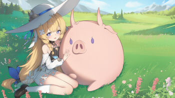 +_+ 1girl absurdres black_shoes blonde_hair blue_eyes braid ciza_gomi commentary detached_sleeves duet_night_abyss filbert_(duet_night_abyss) flower grass hair_ornament hat highres long_hair long_sleeves looking_at_viewer low-tied_long_hair on_grass open_mouth outdoors pig puffy_long_sleeves puffy_sleeves shoes shorts sitting socks sun_hat truffle_(duet_night_abyss) very_long_hair wariza white_hat white_shorts white_sleeves white_socks