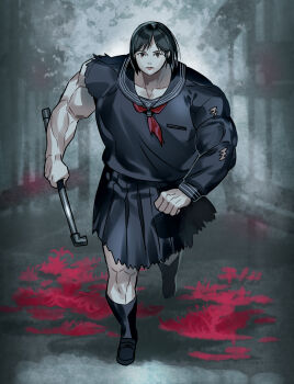 Rule 34 | 1girl, alternate muscle size, biceps, black hair, black sailor collar, black serafuku, black skirt, blurry, blurry background, creepy, derivative work, foomidori, from behind, full body, highres, holding, holding weapon, knife, looking at viewer, muscular, muscular female, neckerchief, outdoors, pleated skirt, pun, red neckerchief, sailor collar, school uniform, serafuku, shimizu hinako, shirt, short hair, silent hill (series), silent hill f, skirt, solo, torn clothes, torn shirt, torn sleeves, video game cover redraw, walking, weapon