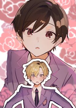 Rule 34 | 1boy, 1girl, androgynous, blazer, blonde hair, blush, brown eyes, brown hair, collared shirt, commentary request, doujinshi cover trope (trend), floral background, flustered, fujioka haruhi, hetero, highres, jacket, lapels, necktie, nervous sweating, ouran high school host club, ouran high school uniform, outline, pixie cut, purple eyes, purple jacket, purple necktie, reverse trap, school uniform, shirt, short hair, suou tamaki, sweat, u-sama (u summer0719), upper body, v-shaped eyebrows, white outline, white shirt