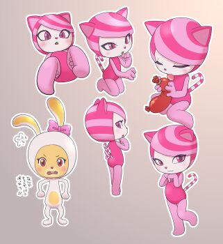 2girls :3 angry animal animal_ears aromi_(cocomong) blush bodysuit bow buck_teeth candy candy-pow candy_cane cat cat_ears cat_girl closed_eyes cocomong_(series) fang flat_chest food from_behind furry grey_background hair_bow hand_on_own_hip highres holding holding_food kneeling legs_up leotard licking loli looking_at_viewer lying multicolored_hair multiple_girls multiple_views open_mouth pink_bow pink_eyes pink_hair pink_leotard pink_theme puff_of_air rabbit rabbit_ears rabbit_girl red_eyes sausage sexually_suggestive short_hair standing standing_on_one_leg streaked_hair tail teeth tongue tongue_out white_bodysuit yamanokonza