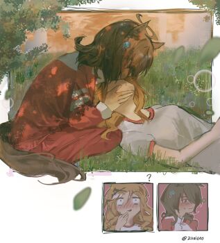 2girls agnes_tachyon_(umamusume) ahoge animal_ears blush breasts brown_hair chemical_structure closed_mouth earrings grass gym_shirt hair_between_eyes hair_ornament hairclip highres horse_ears horse_girl horse_tail ian_(2uaiueo) jacket jewelry jungle_pocket_(umamusume) kiss long_sleeves lying medium_hair multiple_girls on_back pants red_eyes red_jacket red_pants red_track_suit shirt short_sleeves single_earring sitting sweatdrop tail tracen_training_uniform track_jacket track_pants track_suit umamusume white_shirt yellow_eyes yuri