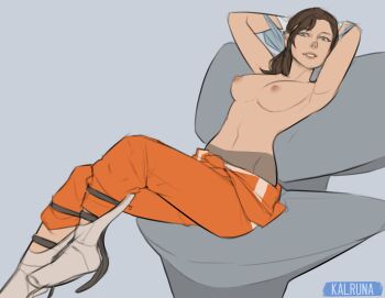 1girl arms_behind_head breasts brown_hair chell highres jumpsuit kalruna medium_breasts nipples orange_jumpsuit portal_(series) topless_female