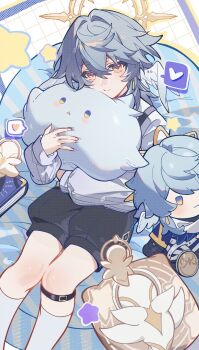 1boy absurdres aged_down alternate_costume bean_bag_chair black_shorts book character_doll cheek_press child chinese_commentary closed_mouth commentary_request doll earrings feathered_wings feet_out_of_frame gold_earrings grey_hair hair_between_eyes halo halo_behind_head head_wings heart highres holding holding_stuffed_toy honkai:_star_rail honkai_(series) jewelry kneehighs long_sleeves looking_at_viewer male_focus medium_hair piercing pillow puffy_shorts puffy_sleeves qingmu02560 shirt shorts sitting smile socks solo spiked_halo spoken_heart strap stuffed_animal stuffed_toy sunday_(honkai:_star_rail) suspender_shorts suspenders white_wings wing_piercing wings yellow_eyes