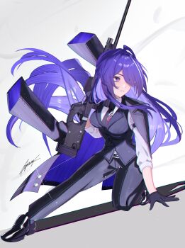 1girl absurdres acheron_(honkai:_star_rail) ahoge alternate_costume artist_name assault_rifle belt black_belt black_gloves black_jacket black_necktie black_pants black_shoes black_vest breasts buttons collared_shirt commentary_request diamond-shaped_pupils diamond_(shape) eyelashes floating_hair formal_clothes full_body gloves gun hair_over_one_eye hand_up highres holding holding_gun holding_weapon honkai:_star_rail honkai_(series) jacket lapels large_breasts long_hair long_sleeves looking_to_the_side miya-chan_(lightning0730) multicolored_hair necktie on_one_knee open_clothes open_jacket pants purple_eyes purple_hair purple_jacket rifle shadow shirt shoes simple_background solo sparkle streaked_hair suit suit_jacket symbol-shaped_pupils teeth two-sided_fabric two-sided_jacket very_long_hair vest weapon white_background white_hair white_shirt