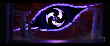 1girl architecture artist_name asymmetrical_sleeves blunt_bangs bridal_gauntlets dress east_asian_architecture electro_symbol_(genshin_impact) eye_symbol floating floating_hair genshin_impact glowing glowing_eyes glowing_hair glowing_sword glowing_weapon gradient_hair hair_floating_upwards highres holding holding_sword holding_weapon japanese_clothes katana kimono long_hair looking_at_viewer mitsudomoe_(shape) mixed-language_commentary multicolored_hair musou_isshin_(genshin_impact) purple_dress purple_kimono purple_thighhighs raiden_shogun red_sash red_sky sash scenery shade shi_jiii sky solo sword thighhighs thighs tomoe_(symbol) uneven_sleeves weapon wide_sleeves