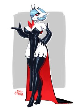 1girl alternate_color artist_name bare_shoulders black_boots black_dress black_gloves black_tiara blue_hair bob_cut boots border breasts cleavage covered_navel dress elbow_gloves female_focus full_body gardevoir gen_3_pokemon gloves grey_background groin hair_over_one_eye hand_on_own_hip hand_up high_heels large_breasts long_dress looking_at_viewer mature_female mega_gardevoir mega_pokemon nintendo one_eye_covered open_mouth outline outside_border partial_humanization pelvic_curtain pokemon pokemon_(creature) red_eyes ringed_eyes shiny_clothes shiny_pokemon short_hair shu-stella signature simple_background skindentation solo standing strapless strapless_dress thick_thighs thigh_boots thighs tiara two-sided_dress two-sided_fabric white_border white_outline wide_hips
