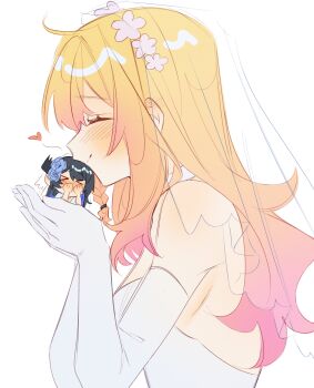 2girls absurdres black_hair blonde_hair blue_hair blush bridal_veil closed_eyes dress elbow_gloves flower gloves gradient_hair hair_flower hair_ornament highres holding holding_mini_person hololive hololive_english horns kiss legzy long_hair mini_person minigirl momosuzu_nene multicolored_hair multiple_girls nerissa_ravencroft oyomeholic_(nerissa_ravencroft) pink_hair veil virtual_youtuber wedding_dress white_gloves yuri