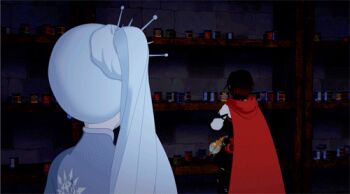 2girls 3d :o :p animated animated_gif beans blush can cape grey_eyes hood hooded_cape lolita_fashion lowres multiple_girls official_art red_cape red_hood ruby_rose rwby short_hair smile tongue tongue_out weiss_schnee