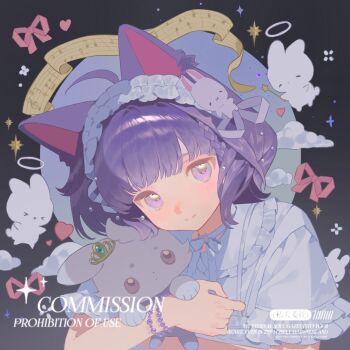 Rule 34 | 1girl, ahoge, animal ears, bao rong, blunt bangs, blush, bow, bracelet, braid, cat ears, closed mouth, cloud, commission, eyelashes, frills, halo, headdress, heart, highres, jewelry, looking at viewer, mihuashi commission, musical note, original, pink bow, purple eyes, purple hair, short hair, short sleeves, smile, solo focus, square, star (symbol), upper body, watermark, white halo, white headdress