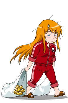 1girl absurdres air_bubble alcohol beer beer_can blush brown_sandals bubble can closed_mouth dragging drink_can drunk emeraldas flustered ginga_tetsudou_999 hair_between_eyes hair_down hair_ornament harlock_saga highres jacket japanese_clothes long_hair loose_hair_strand manabe_jouji messy_hair neck new_year nose orange_hair pants queen_emeraldas red_pants red_shirt sandals scar scar_on_face shadow shirt simple_background skull skull_hair_ornament skull_ornament skull_print sleepwear sleepy sleeves_rolled_up slouching squeans standing stitches tipsy track_jacket track_pants track_suit trash trash_bag uchuu_kaizoku_captain_harlock very_long_hair white_background zipper_pull_tab