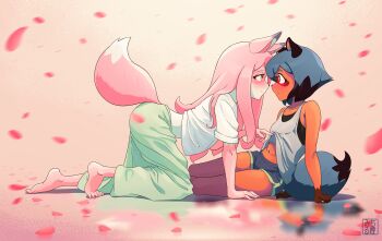 2girls absurdres animal_ears animal_nose arm_support artist_name barefoot black_hair black_shirt blue_eyes blue_hair blush body_fur brand_new_animal brown_fur closed_mouth clothes_lift dolphin_shorts feet fingernails fox_ears fox_girl fox_tail furry furry_female furry_with_furry gradient_background green_skirt highres hiwatashi_nazuna huge_filesize kagemori_michiru long_hair long_skirt michirutnk multicolored_hair multiple_girls navel petals pink_background pink_fur pink_hair raccoon_ears raccoon_girl raccoon_tail red_eyes reflective_floor resolution_mismatch rose_petals sharp_fingernails shirt shirt_lift shirt_under_shirt short_hair short_shorts shorts skirt sleeveless snout source_smaller stomach tail tank_top tanuki trigger two-tone_hair white_fur white_shirt yuri