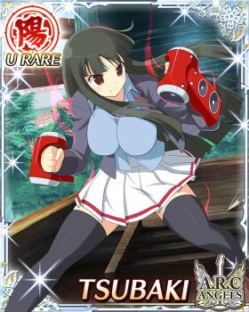 1girl aura black_hair black_jacket black_necktie black_thighhighs border breasts card_(medium) character_name cleavage closed_mouth diagonal-striped_clothes diagonal-striped_necktie english_text frown game_cg gauntlets hime_cut jacket large_breasts long_hair looking_to_the_side necktie official_alternate_costume official_art pleated_skirt red_eyes school_uniform senran_kagura senran_kagura_new_wave skirt solo speaker striped_clothes thighhighs tsubaki_(senran_kagura) weaponized_instrument white_skirt