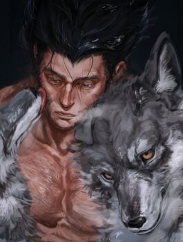 1boy animal black_hair chest_hair collarbone eyelashes facial_hair hamu_popopo highres licking licking_another's_face male_focus marvel muscular muscular_male parted_lips pectorals short_hair topless_male wolf wolverine_(x-men) x-men