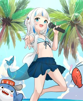 1girl absurdres beach bikini bloop_(gawr_gura) blue_eyes blue_nails blue_sky cameltoe cloud cloudy_sky day ebi-chan_(gawr_gura) fins fish_tail flat_chest foot_out_of_frame from_below from_side fujimaroni gawr_gura hair_ornament highres holding holding_microphone hololive hololive_english loli looking_at_viewer microphone multicolored_hair navel ocean open_clothes open_mouth open_shirt outdoors palm_tree panties pantyshot pleated_skirt reaching reaching_towards_viewer shark_girl shark_hair_ornament shark_tail sharp_teeth shirt short_twintails skirt sky solo standing standing_on_one_leg streaked_hair swimsuit tail teeth tree twintails underwear upper_teeth_only virtual_youtuber water_drop white_hair white_shirt