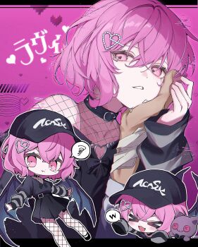 Rule 34 | > <, 02t f, 1boy, 1girl, baseball cap, bat wings, chibi, choker, dark-skinned male, dark skin, fang, fishnet pantyhose, fishnets, hat, heart, heart-shaped pupils, multiple views, original, pantyhose, purple eyes, purple hair, short hair, sleeves past fingers, sleeves past wrists, symbol-shaped pupils, wings