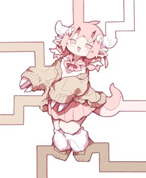 1girl :3 absurdres ahoge bad_id bad_twitter_id brown_cardigan brown_shoes cardigan claws commentary_request crossed_bandaids deformed dragon_girl full_body hair_ornament highres horns loafers long_sleeves looking_at_viewer loose_socks mini_wings nikamoka no_sclera open_cardigan open_clothes open_mouth original pink_hair pink_skirt pink_tail pleated_skirt shirt shoes skirt skull_hair_ornament sleeves_past_wrists socks solo tail white_shirt wings