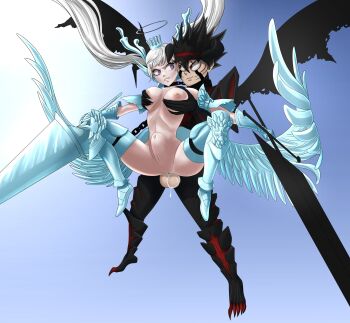 1boy 1girl angel angel_wings asta_(black_clover) black_clover breasts cum cum_in_pussy demon_horns devil fanny_packing grabbing_another's_breast groping hetero highres horns medium_breasts noelle_silva penis sex sex_from_behind twintails wings