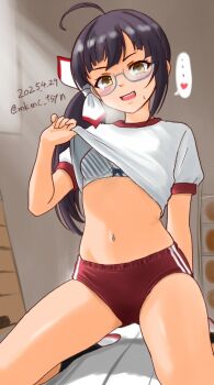 1girl ahoge alternate_costume bespectacled black_hair bra buruma clothes_lift commentary_request cut_bangs dated fujinami_(kancolle) glasses gym_shirt gym_uniform highres kantai_collection kneeling red_buruma shirt shirt_lift side_ponytail sitting solo striped_bra striped_clothes t-shirt tasogare_yanio twitter_username underwear vaulting_horse white_shirt yellow_eyes