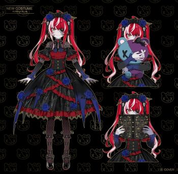 1girl ahoge bilingual_commentary black_dress black_nails black_shoes blue_flower blue_rose book colored_skin commentary copyright_notice diamond-shaped_pupils diamond_(shape) dress english_commentary fishnet_pantyhose fishnets flower frilled_dress frills full_body gothic_lolita gradient_eyes green_eyes grey_hair grey_skin highres holding holding_book holding_stuffed_toy hololive hololive_indonesia kureiji_ollie kureiji_ollie_(scarlet_moonlight_embrace) lam_(ramdayo) layered_dress lolita_fashion long_hair mixed-language_commentary multicolored_eyes multicolored_skin nail_polish official_alternate_costume official_alternate_hairstyle official_art pantyhose patchwork_skin pink_hair red_eyes red_hair rose shoes stitched_face stitches stuffed_toy symbol-shaped_pupils twintails two-tone_skin udin_(kureiji_ollie) virtual_youtuber white_hair zombie