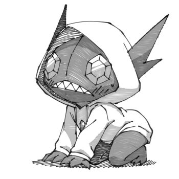 all_fours clothed_pokemon gem gen_3_pokemon greyscale highres hood hood_up hoodie ino_eye monochrome nintendo no_humans original pokemon pokemon_(creature) pokemon_focus sableye sharp_teeth simple_background teeth white_background