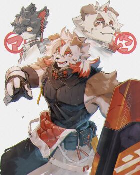 2boys aak_(arknights) animal_ears arknights bara braid commentary_request furry furry_male furry_with_furry gloves highres holding holding_shield horns hung_(arknights) kajika_(ka_ji_ka) looking_at_viewer male_focus multicolored_hair multiple_boys mythological_creature pectorals shield shirt single_horn sleeveless sleeveless_shirt white_background