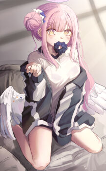 Rule 34 | 1girl, absurdres, black jacket, blue archive, blver, breasts, hair bun, highres, jacket, large breasts, looking at viewer, low wings, mika (blue archive), mouth hold, on bed, on floor, pink hair, shirt, sidelocks, solo, white shirt, wings, yellow eyes