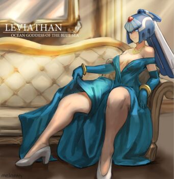 1girl android blue_eyes bracelet breasts character_name clothes_lift couch drawfag dress dress_lift elbow_gloves gloves high_heels jewelry fairy_leviathan_(mega_man) long_hair medium_breasts mega_man_(series) mega_man_zero_(series) necklace sitting smile solo thighs