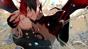 2girls artist_name black_clover black_coat black_hair blonde_hair blood blood_from_forehead blue_eyes blue_flower blue_rose body_markings braid breasts buttons charlotte_roselei coat cradling_head demon_wings facial_mark flower large_breasts long_hair looking_at_another medium_breasts multicolored_hair multiple_girls petals plant red_eyes red_hair rose rose_petals sanii sharp_teeth side_braid teeth vanica_zogratis vines wings