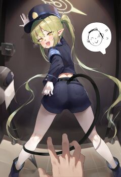 1boy 1girl absurdres armband ass black_tail blue_archive blue_armband demon_tail doodle_inset doodle_sensei_(blue_archive) fang from_behind gamgyul gloves green_hair green_halo halo hat highres legs_apart loli looking_at_viewer nozomi_(blue_archive) open_mouth pantyhose peaked_cap pointy_ears pov pov_hands revision sensei_(blue_archive) skin_fang solo_focus tail tile_floor tiles toilet_stall train_conductor twintails white_gloves white_pantyhose