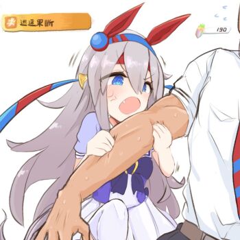 1boy 1girl anger_vein animal_ears blue_eyes blue_hairband commentary_request ear_covers fang gameplay_mechanics grabbing_another's_arm grey_tail hair_between_eyes hairband headband horse_ears horse_girl imminent_bite long_hair red_headband school_uniform shiming_liangjing short_sleeves tamamo_cross_(umamusume) tracen_school_uniform trainer_(umamusume) umamusume white_background