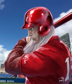 1boy baseball baseball_bat blue_sky character_request check_character closed_mouth cloud commentary_request fire_emblem fire_emblem_awakening long_hair looking_ahead male_focus nintendo old old_man outdoors red_shirt shirt signature sky soeda_ippei solo walhart_(fire_emblem) white_hair