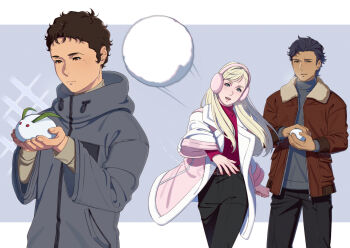 1girl 2boys black_pants blonde_hair brown_hair brown_jacket enelous gigi_andalusia gundam gundam_hathaway's_flash hathaway_noa highres holding holding_snowball hood hooded_jacket jacket kenneth_sleg looking_at_another multiple_boys open_clothes open_jacket pants smile snowball snowball_fight throwing winter_clothes