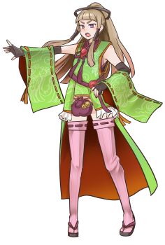 1boy absurdres atsueco124 brown_hair geta hair_ornament highres hitotsuana_torino huge_testicles japanese_clothes original penis purple_eyes revealing_clothes sandals small_penis testicles trap