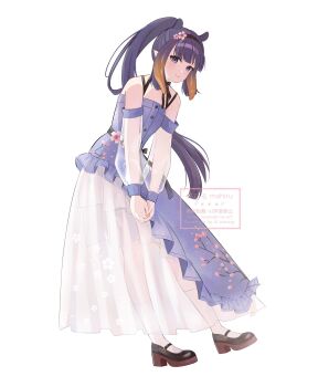 Rule 34 | black hair, black hairband, black shoes, blue dress, closed mouth, commentary request, detached sleeves, dress, evil smile, flat chest, frilled dress, frills, gradient hair, grey eyes, hairband, high heels, high ponytail, highres, hololive, hololive english, layered dress, leaning forward, long dress, long hair, mole, mole under eye, multicolored hair, ninomae ina'nis, orange hair, platform heels, pointy ears, ponytail, see-through clothes, see-through dress layer, see-through sleeves, shoes, sidelocks, simple background, smile, tentacle hair, v arms, very long hair, virtual youtuber, watermark, white background, yanagi arisa