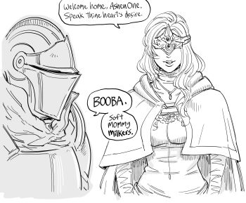 1boy 1girl armor ashen_one_(dark_souls) bb_(baalbuddy) blindfold blindfold_mask commentary covered_eyes dark_souls_(series) dark_souls_iii dress english_commentary english_text fire_keeper fromsoftware greyscale helmet highres long_hair mask meme monochrome simple_background speech_bubble white_background