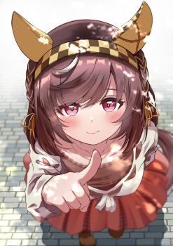 1girl absurdres animal_ears brown_hair brown_skirt buena_vista_(casual)_(umamusume) buena_vista_(umamusume) checkered_hairband collarbone commentary_request ear_covers from_above hair_between_eyes hairband highres horse_ears horse_girl horse_tail jewelry k1kojima long_sleeves looking_at_viewer necklace pointing pointing_at_viewer purple_eyes skirt smile solo sweater tail umamusume white_sweater yellow_hairband