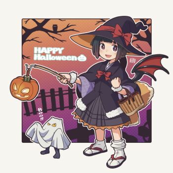 1girl :d animal_ears bag bare_tree black_hair black_hat black_jacket black_sandals bow brown_eyes brown_hair commentary_request fang fox_ears fox_girl fox_tail fur-trimmed_jacket fur_trim ghost_costume gradient_hair grey_skirt happy_halloween hat hat_bow holding jack-o&#039;-lantern jacket japanese_clothes kimono kitsune kukuri_(mawaru) long_sleeves looking_at_viewer mawaru_(mawaru) multicolored_hair open_mouth original pleated_skirt purple_kimono red_bow red_wings sandals skirt smile socks standing tabi tail tree white_socks wide_sleeves wings zouri