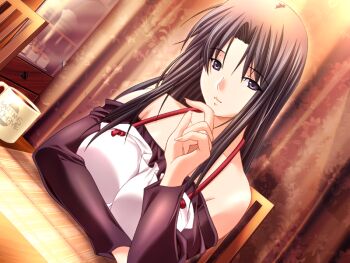 1girl bare_shoulders black_eyes black_hair breasts camisole dutch_angle game_cg indoors long_hair looking_at_viewer m&amp;m_(mickey_and_mackey) medorei parted_bangs sitting table takamiya_satsuki upper_body white_camisole