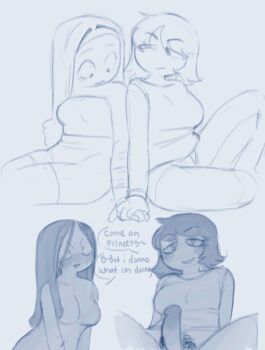 bottomless breasts chibi dialogue_box futa_with_female futanari highres imminent_fellatio kewchiemcdouble original self-harm_scar sketch solitaluv09 yuri