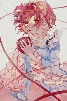 1girl blue_shirt commentary_request fingernails frilled_shirt_collar frilled_sleeves frills hair_ornament half-closed_eyes heart heart_hair_ornament highres holding komeiji_satori open_mouth pink_eyes pink_hair pink_skirt shinjitsu_no_kuchi shirt short_hair simple_background skirt solo third_eye touhou upper_body white_background