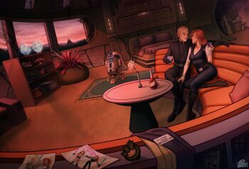 1boy 1girl 2dswirl alcohol blonde_hair couch couple dating hand_on_own_thigh highres looking_at_another luke_skywalker mara_jade on_couch orange_sky r2-d2 red_hair robot sky star_wars sunset