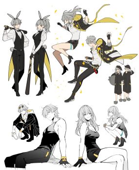 1boy 1girl alternate_costume alternate_hairstyle animal_ears arm_behind_back bare_shoulders baseball_bat black_boots black_bow black_bowtie black_coat black_dress black_gloves black_hat black_jacket black_pajamas black_pants black_shirt black_skirt black_slippers black_tank_top black_vest boots bow bowtie breasts caelus_(honkai:_star_rail) caelus_(world_tour_2023)_(honkai:_star_rail) closed_mouth coat collared_shirt crossed_legs cup disposable_cup dress drinking_straw dual_persona eyewear_on_head fake_animal_ears fake_tail fingerless_gloves floating_clothes floating_hair flying full_body gloves grey_hair hair_between_eyes hands_up hat hidakarumen high_heel_boots high_heels high_ponytail holding holding_baseball_bat holding_cup holding_hands holding_stuffed_toy honkai:_star_rail honkai_(series) jacket long_hair long_sleeves medium_breasts miniskirt multiple_views nightcap notice_lines official_alternate_costume one_eye_closed open_clothes open_coat open_jacket open_mouth pajamas pants petals ponytail puffy_long_sleeves puffy_sleeves rabbit_ears rabbit_tail shirt short_hair sidelocks simple_background sitting skirt sleeveless sleeveless_dress slippers smile squatting stelle_(honkai:_star_rail) stuffed_animal stuffed_toy sunglasses t-shirt tail tank_top thigh_strap trailblazer_(honkai:_star_rail) two-sided_coat two-sided_fabric two-sided_jacket vest white_background white_shirt wristband yellow_coat yellow_eyes yellow_jacket