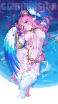 absurdres bird_legs blue_eyes blue_feathers blue_wings blush breasts commentary commission consensual_tentacles double_bun english_commentary facial_tattoo feathered_wings feathers gradient_wings hair_bun harpy highres jewelry lason long_hair looking_at_viewer medium_breasts monster_girl multicolored_wings original parted_lips pink_hair tattoo tentacles thighhighs water white_feathers white_thighhighs winged_arms wings