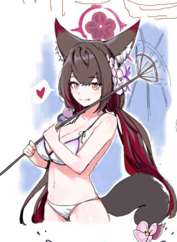 1girl bdsm bikini black_hair blue_archive bondage bound halo heart long_hair looking_at_viewer plentyofempty solo swimsuit umbrella wakamo_(blue_archive) wakamo_(swimsuit)_(blue_archive) white_background