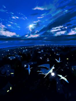 1girl angel_wings artist_logo bare_legs barefoot bird black_theme blue_sky blue_theme bob_cut building city_lights cityscape cloud cloudy_sky commentary dark_cloud darkness dress english_commentary facing_away fantasy feathered_wings fisheye flock flying from_behind full_moon glowing heron holding holding_orb horizon lens_flare limited_palette logo loika long_dress moon moonlight night night_sky orb original outdoors outstretched_arms scenery short_hair sky solo surreal very_wide_shot white_bird white_hair white_wings window wings