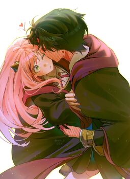 Rule 34 | 1boy, 1girl, absurdres, aged up, ahoge, anya (spy x family), black hair, black robe, blush, collared dress, commentary, couple, damian desmond, dress, eden academy school uniform, furrowed brow, gold trim, green eyes, hair between eyes, hairpods, hand blush, hand on another's shoulder, hetero, highres, kiss, kissing cheek, long hair, one eye closed, parted bangs, pink hair, red cross tie, robe, roido 0, school uniform, short hair, spy x family, sweatdrop, symbol-only commentary, twintails, white background