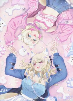 2girls animal_ear_fluff animal_ears aqua_camisole aqua_eyes aqua_hair aqua_nails arms_up blonde_hair blue_jacket blue_skirt blush breasts camisole choker cleavage collarbone dog_ears dog_girl dog_tail frilled_choker frills fuwawa_abyssgard fuwawa_abyssgard_(casual) glasses hair_ornament hairclip highres hololive hololive_english hrhr_gin_357 jacket large_breasts long_hair looking_at_another lying midriff mococo_abyssgard mococo_abyssgard_(casual) multicolored_hair multiple_girls official_alternate_costume open_mouth parallel_hairclips perroccino_(fuwamoco) pink_eyes pink_hair pink_jacket pink_nails pink_trim short_hair siblings sisters skirt small_breasts smile tail twins virtual_youtuber white_camisole x_hair_ornament