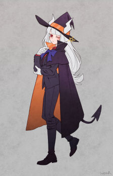 1girl absurdres artist_name bad_source blue_bow blue_bowtie bow bowtie cape demon_tail full_body gloves halloween hat helltaker highres holding holding_wand horns looking_at_viewer lucifer_(helltaker) mole mole_under_eye noah_(tettsui-sole) one_eye_closed purple_cape purple_hat red_eyes simple_background solo tail wand white_gloves witch_hat