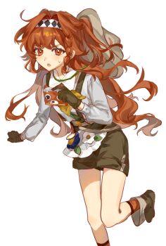 1girl :o argyle_clothes argyle_hairband boots brown_boots brown_gloves brown_shorts camera gloves grey_hat hat hat_on_back highres holding holding_camera leg_up long_hair official_alternate_costume orange_eyes red_socks reverse:1999 shirt shorts socks solo sonetto_(reverse:1999) standing standing_on_one_leg sweat two_side_up white_background white_shirt yangwei_de_chayedan